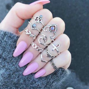 Silver Tone Bohemian Ring Set 10